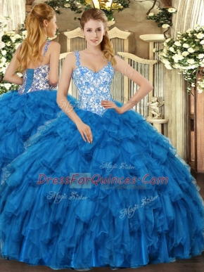 Blue Straps Lace Up Beading and Ruffles Sweet 16 Quinceanera Dress Sleeveless