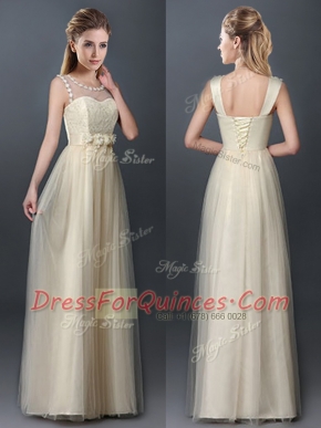 Ideal Scoop Sleeveless Quinceanera Court Dresses Floor Length Lace and Hand Made Flower Champagne Tulle