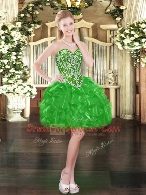 Green Sleeveless Mini Length Beading and Ruffles Lace Up Homecoming Dress