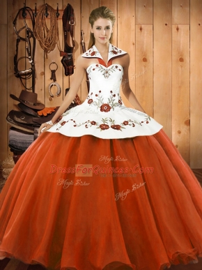 Orange Red Ball Gowns Embroidery Quinceanera Dresses Lace Up Satin and Tulle Sleeveless Floor Length