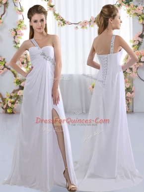 White Empire Chiffon One Shoulder Sleeveless Beading Lace Up Quinceanera Dama Dress Brush Train