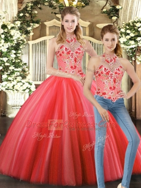 Coral Red Halter Top Lace Up Embroidery 15 Quinceanera Dress Sleeveless