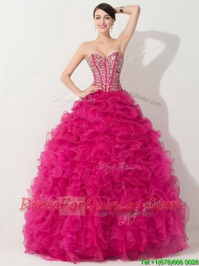 Visible Boning Hot Pink 15th Birthday Gown with Beading and Ruffles