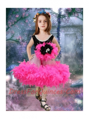 2014 Rose Pink A-Line Knee-length Ruffles and Hand Made Flowers Little Girl Dress with Scoop