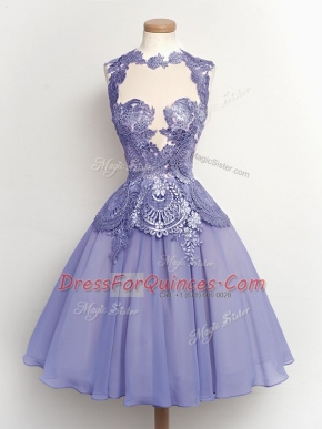 Lilac Sleeveless Knee Length Lace Lace Up Quinceanera Court of Honor Dress