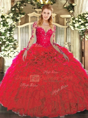 Floor Length Lace Up 15th Birthday Dress Red for Military Ball and Sweet 16 and Quinceanera with Lace and Ruffles
