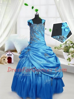 Aqua Blue Column/Sheath Beading and Pick Ups Child Pageant Dress Zipper Satin Sleeveless Floor Length