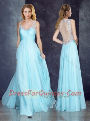 V Neck Applique Light Blue Prom Dress with See Through Back