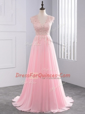 Flirting Side Zipper Evening Dress Baby Pink for Prom and Party with Appliques Brush Train