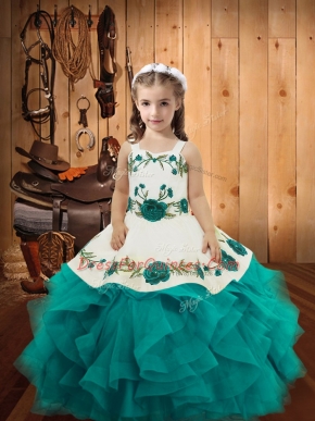 Teal Straps Neckline Embroidery and Ruffles Little Girls Pageant Gowns Sleeveless Lace Up