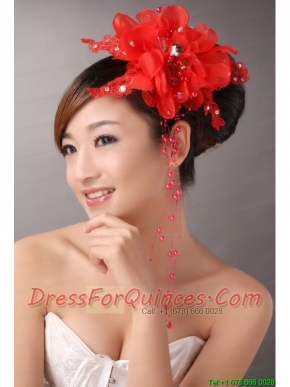 Red Chiffon Bud Silk Flowers With Beading For Party