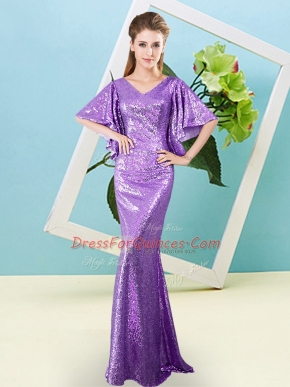 Modest Sequined V-neck Half Sleeves Zipper Sequins Evening Dress in Lavender