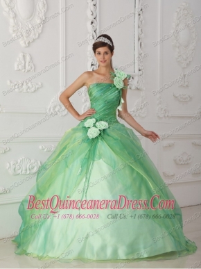 Apple Green Ball Gown One Shoulder Floor-length Organza Beading and Hand Made Flowers Quinceanera Dress