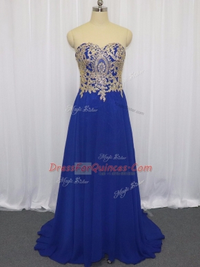 Royal Blue Sleeveless Lace and Appliques Zipper Prom Dresses