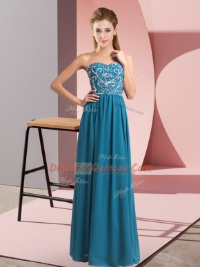 Amazing Teal Sleeveless Floor Length Beading Lace Up Prom Dresses