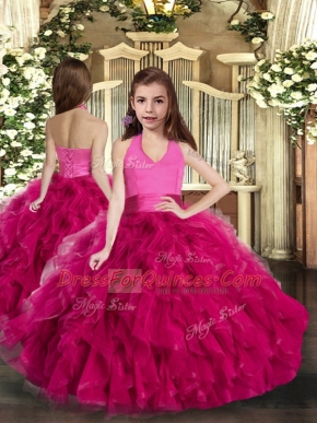 Fuchsia Tulle Lace Up Little Girl Pageant Gowns Sleeveless Floor Length Ruffles