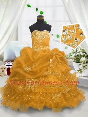 Classical Beading and Ruffled Layers and Pick Ups Flower Girl Dresses Gold Lace Up Sleeveless Floor Length