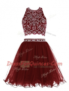 Ideal Scoop Burgundy Clasp Handle Homecoming Dress Beading Sleeveless Mini Length