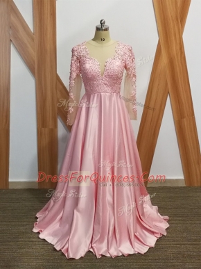 Baby Pink Empire Scoop Long Sleeves Elastic Woven Satin Backless Beading and Appliques Prom Evening Gown