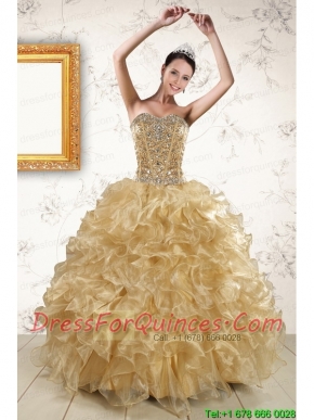 2015 Luxurious Ruffles and Beaded Quinceanera Dresses in  Champange