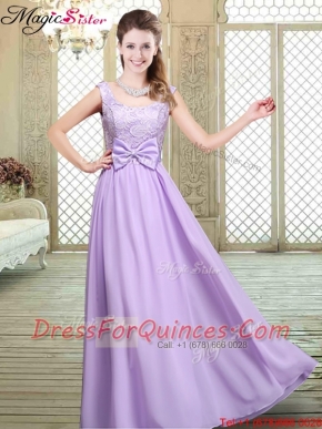 Pretty Scoop Bowknot Lavender Prom Dresses for Fall