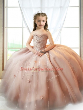 Pretty Tulle Sweetheart Sleeveless Lace Up Beading and Appliques Little Girls Pageant Gowns in Pink