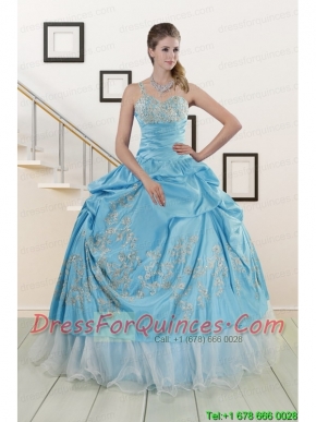 2015 Pretty One Shoulder Appliques and Beaded Quinceanera Dresses in Aqua Blue