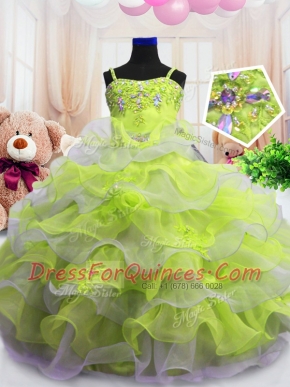 Light Yellow Spaghetti Straps Neckline Beading and Ruffled Layers Little Girls Pageant Dress Sleeveless Zipper