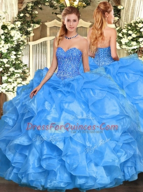 Pretty Floor Length Lace Up Quinceanera Gowns Baby Blue for Military Ball and Sweet 16 and Quinceanera with Beading and Ruffles