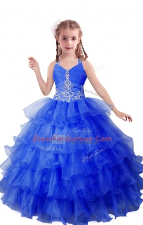 On Sale Blue Pageant Gowns For Girls Quinceanera and Wedding Party with Beading and Ruffled Layers V-neck Sleeveless Zipper