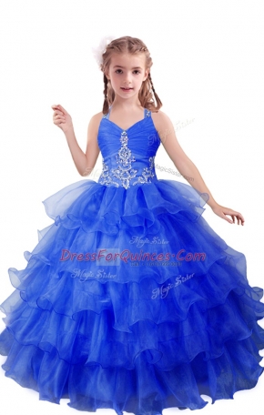 On Sale Blue Pageant Gowns For Girls Quinceanera and Wedding Party with Beading and Ruffled Layers V-neck Sleeveless Zipper