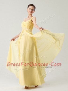 Fine One Shoulder Light Yellow Zipper Prom Dresses Beading and Ruching Sleeveless Ankle Length