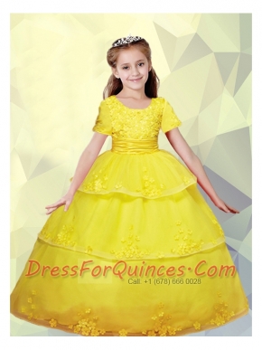 Yellow Scoop Ball Gown Appliques Little Girl Pageant Dress with Ruffled Layers for 2014