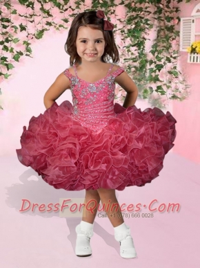 Cute Watermelon Ball Gown Spaghetti Straps Beading and Ruffles Little Girl Dress with Knee-length