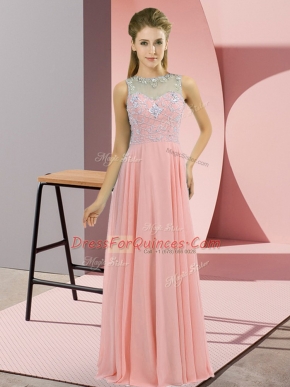High-neck Sleeveless Homecoming Dress Floor Length Beading Pink Chiffon