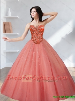 Inexpensive 2015 Tulle Beading Sweetheart Sweet 16 Dresses in Watermelon