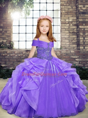 Lavender Organza Lace Up Little Girls Pageant Gowns Sleeveless Floor Length Beading and Ruffles
