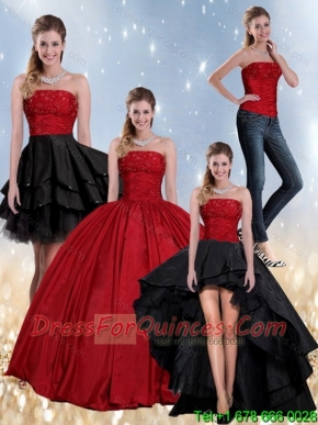 Beaded Strapless Ball Gown Cheap 2015 Quinceanera Dress in Red and Black