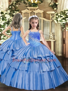 Custom Fit Baby Blue Sleeveless Floor Length Beading and Ruffled Layers Lace Up Child Pageant Dress