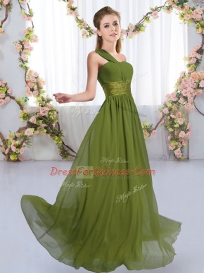 Olive Green Lace Up One Shoulder Ruching Court Dresses for Sweet 16 Chiffon Sleeveless