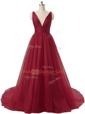 Fabulous Burgundy V-neck Neckline Ruching Prom Party Dress Sleeveless Backless