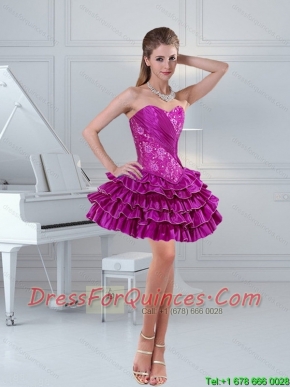 Fuchsia Cheap Short Sweetheart Ruffled Layers Beading Prom Dresses