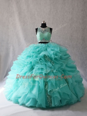 Aqua Blue Sleeveless Organza Brush Train Zipper Quinceanera Dresses for Sweet 16 and Quinceanera