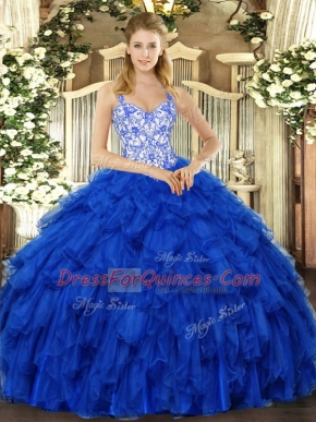 Royal Blue Ball Gowns Organza Straps Sleeveless Beading and Ruffles Floor Length Lace Up Ball Gown Prom Dress