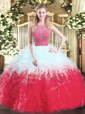 Glorious Multi-color Tulle Zipper Halter Top Sleeveless Floor Length Quinceanera Dress Beading and Ruffles