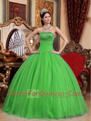 Green Ball Gown Strapless Floor-length Tulle Embroidery with Beading For Sweet 16 Dresses