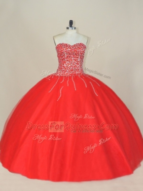 Decent Floor Length Red 15th Birthday Dress Sweetheart Sleeveless Lace Up