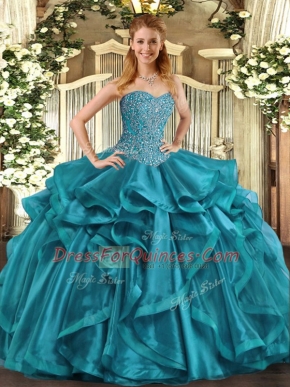 Floor Length Ball Gowns Sleeveless Teal 15th Birthday Dress Lace Up