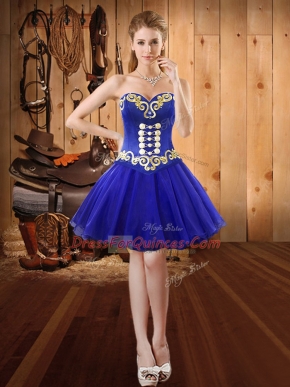 Luxurious Sleeveless Organza Mini Length Lace Up Prom Gown in Royal Blue with Embroidery