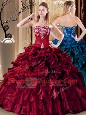 Discount Wine Red Ball Gowns Organza Sweetheart Sleeveless Embroidery and Ruffles Floor Length Lace Up Quinceanera Gowns